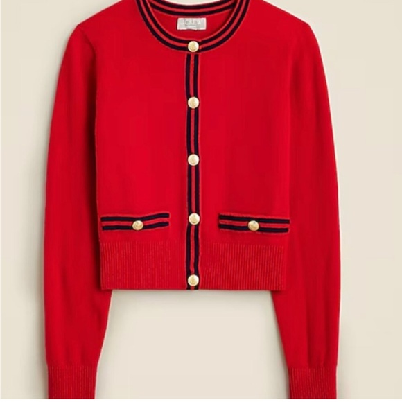 J. Crew Red Cashmere Cardigan with Navy Accents - Picture 2 of 5
